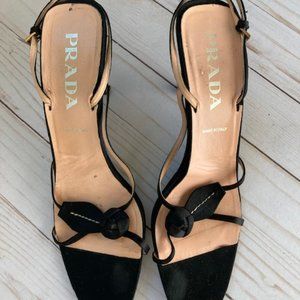 Prada - black strappy satin sandals with flower detail - size 39.5